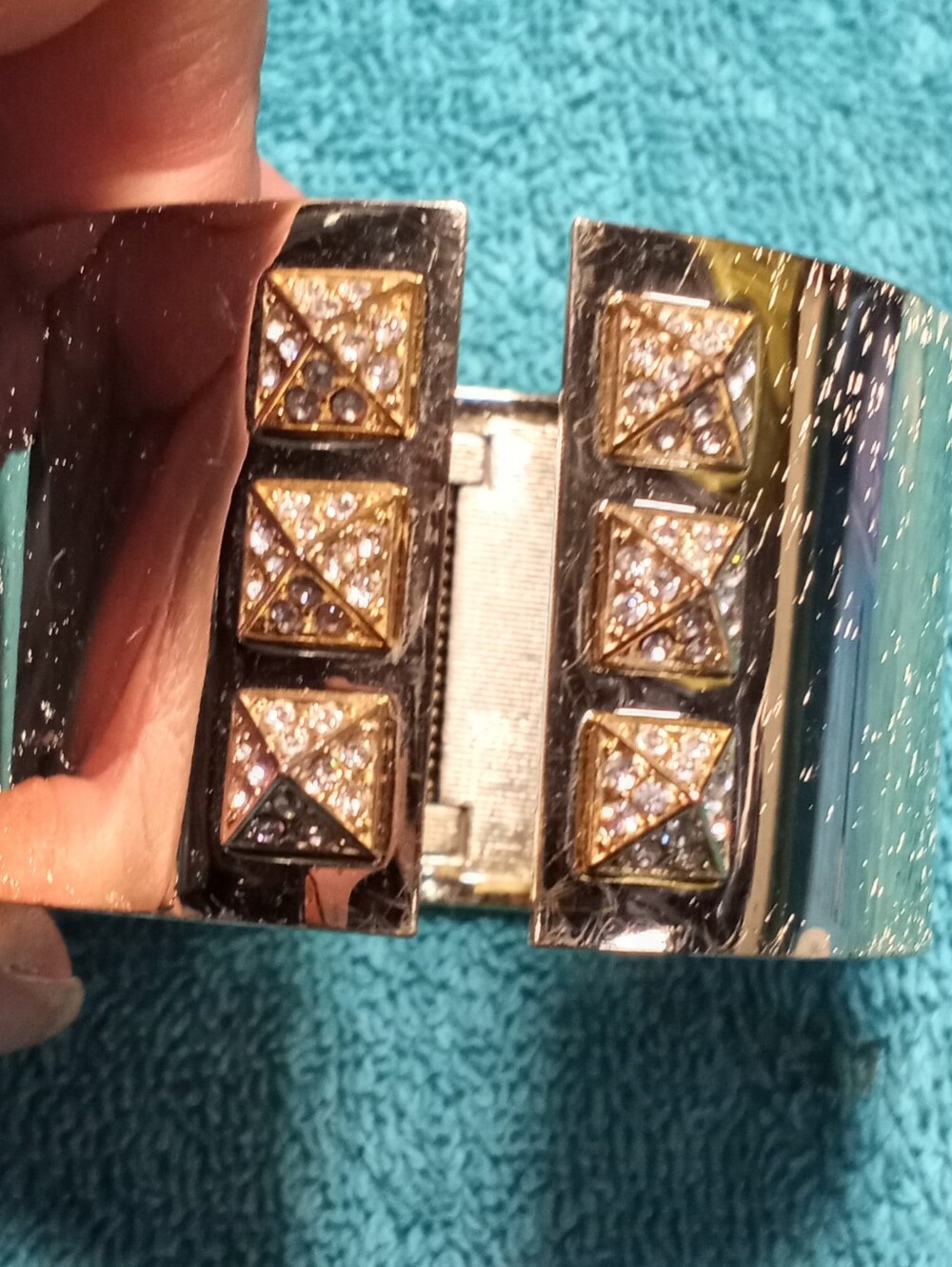 Polished Gold-Tone Pyramid Stud Cuff Bracelet with Gold Accents